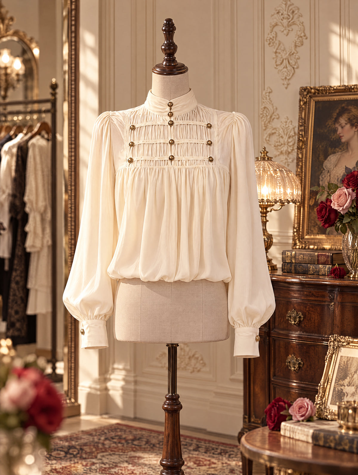 Vintage Stand Collar Smocked Puff Sleeve Blouse Midi