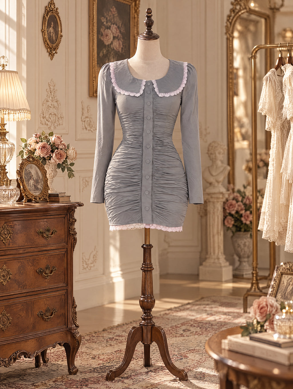 Vintage Lace Collar Ruched Mini Dress