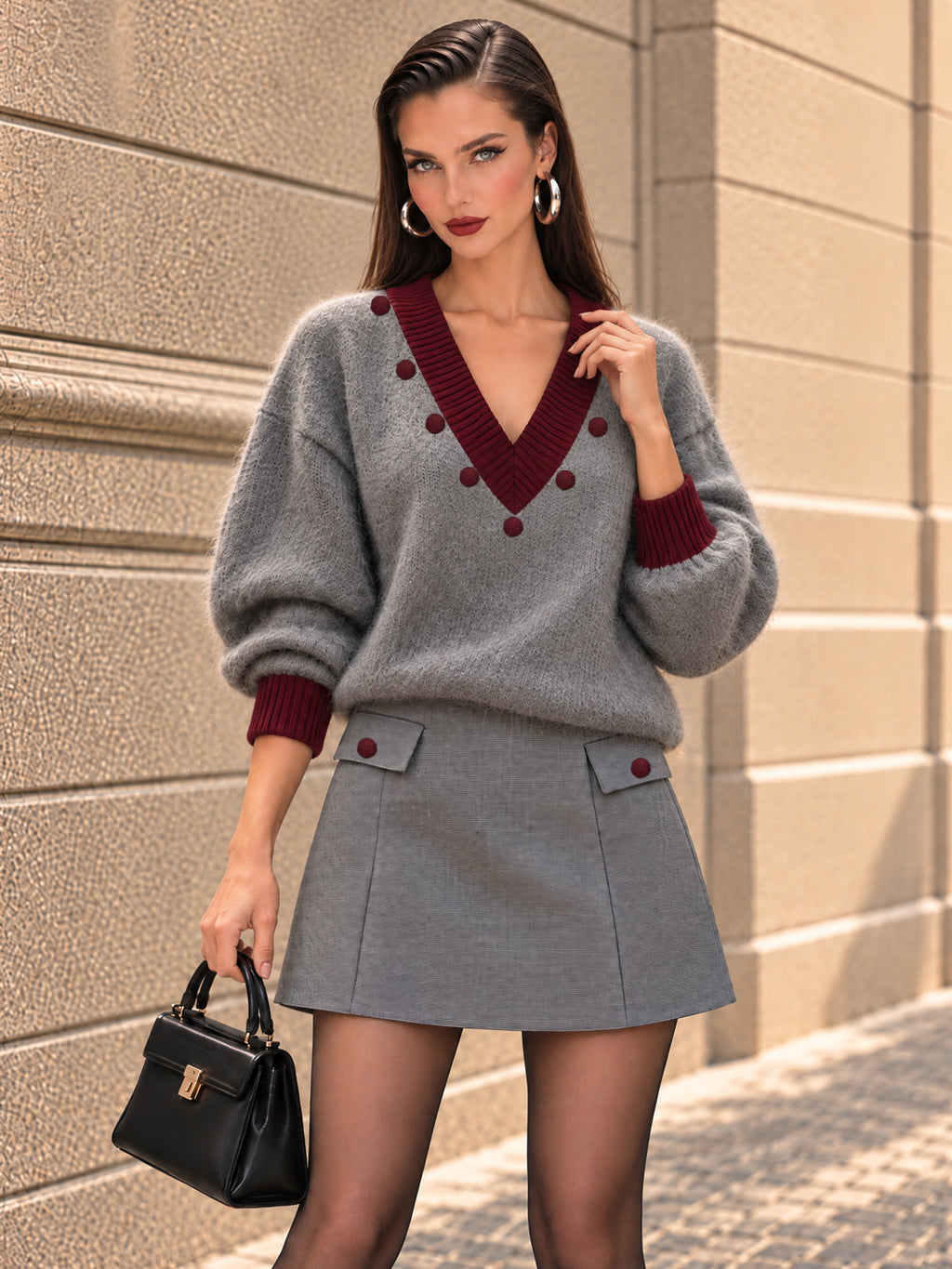 Vintage Pom-Trim Contrast V-Neck Mohair Sweater