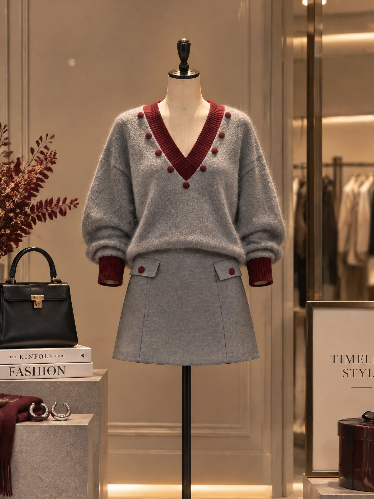Vintage Pom-Trim Contrast V-Neck Mohair Sweater