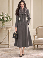 Vintage Fur‑Collar Bow Maxi Coat