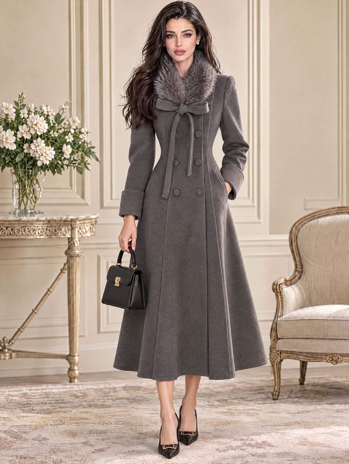 Vintage Fur‑Collar Bow Maxi Coat