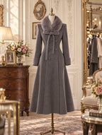 Vintage Fur‑Collar Bow Maxi Coat