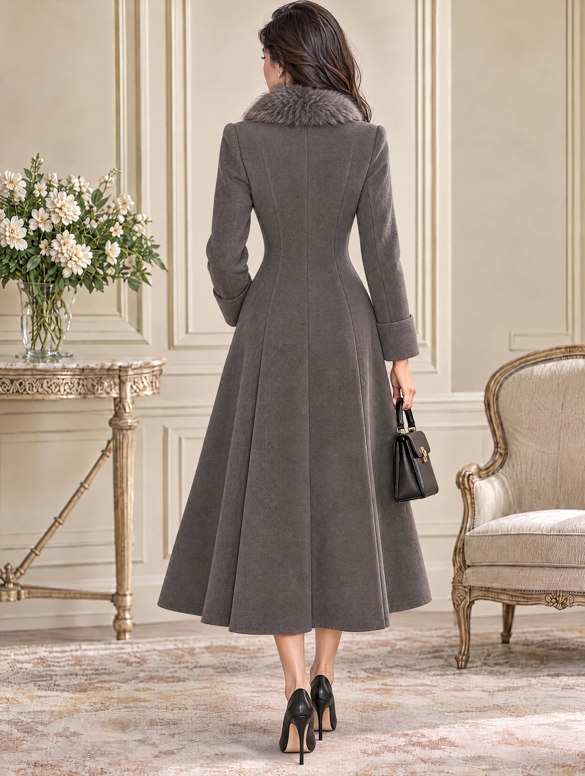 Vintage Fur‑Collar Bow Maxi Coat