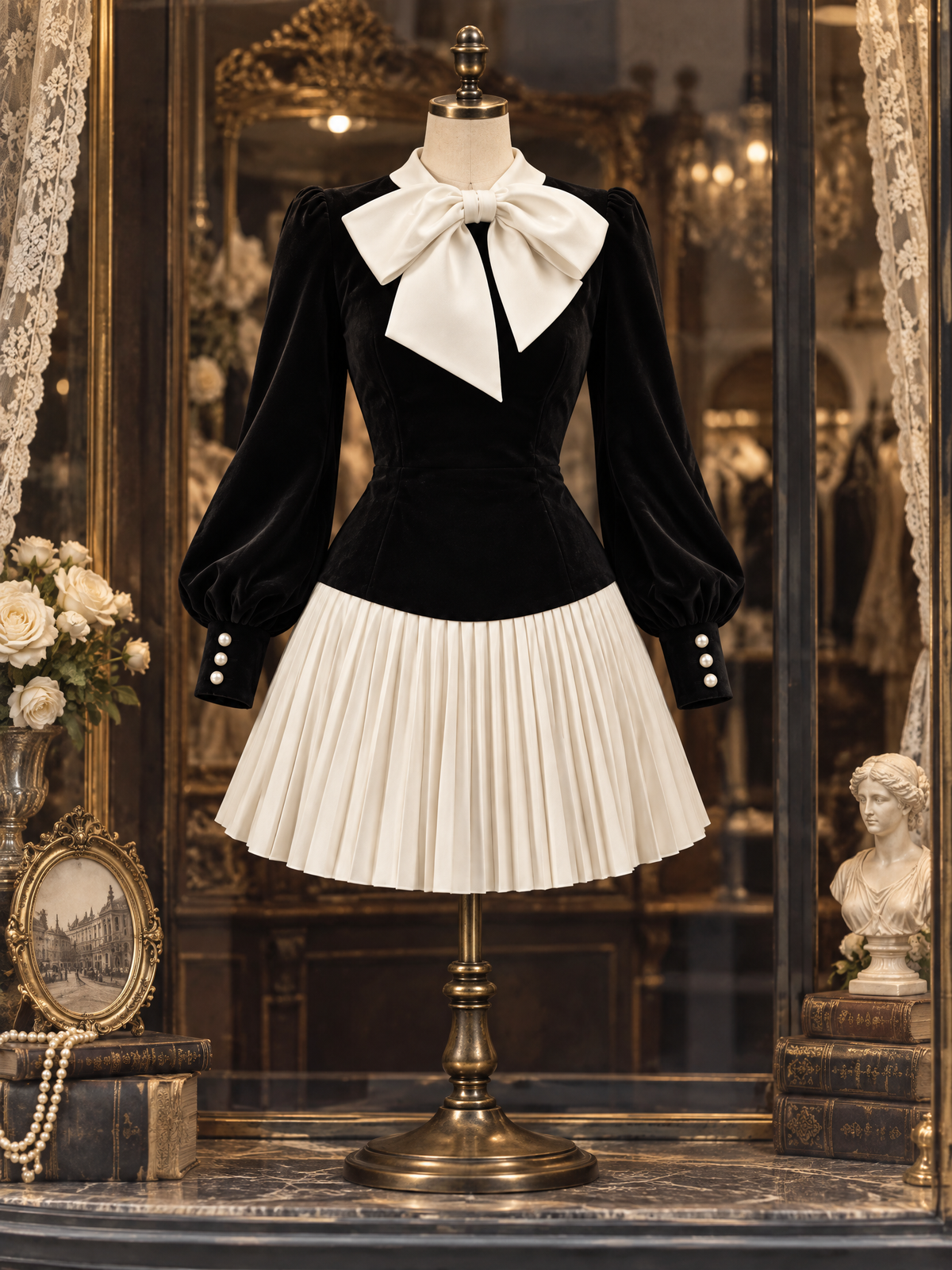 Vintage Velvet Spliced Pleated Mini Dress