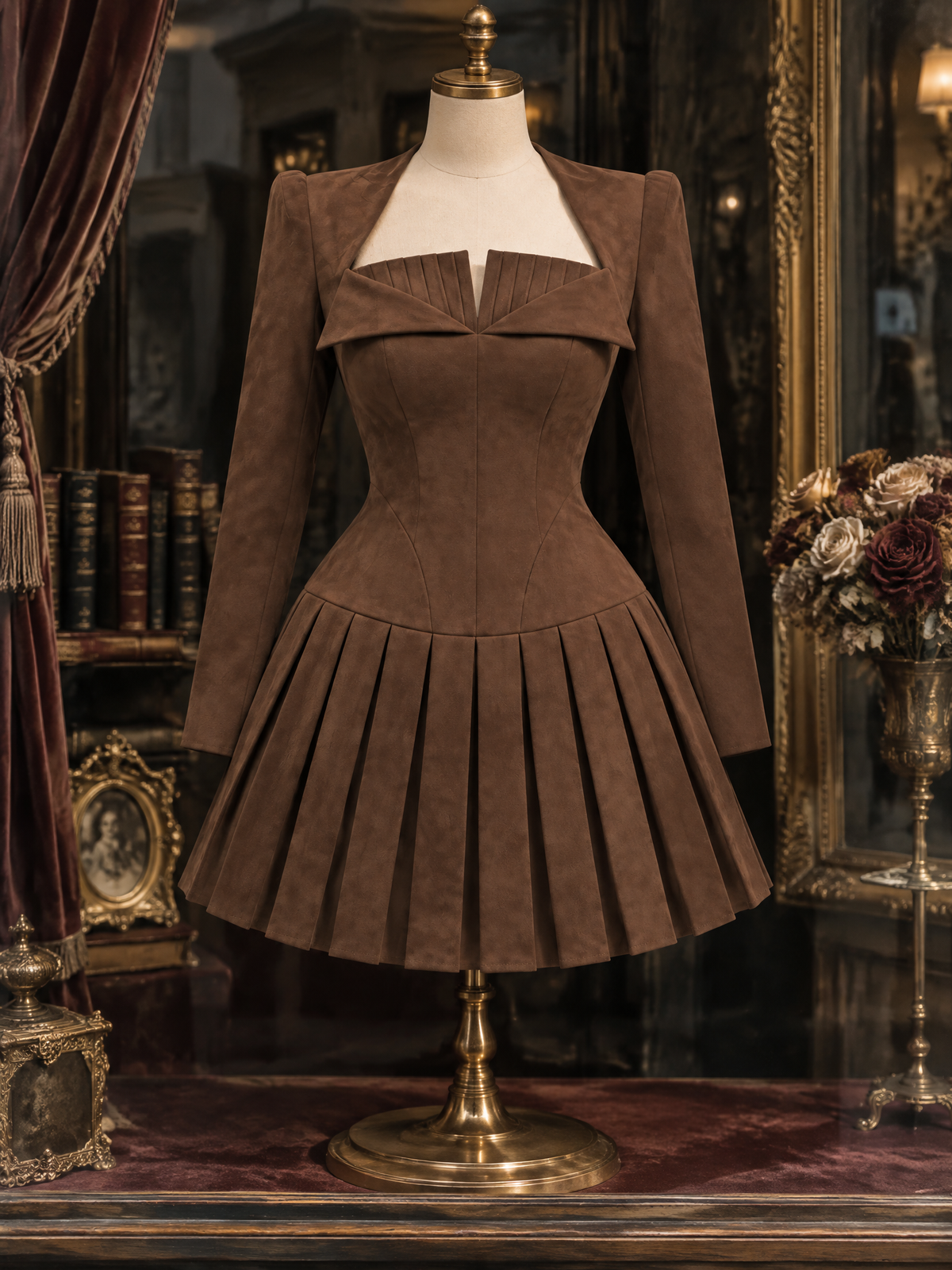 Vintage Suede Pleated Mini Dress