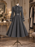 Vintage Ruffled Collar Long Sleeve Belted Midi Dress