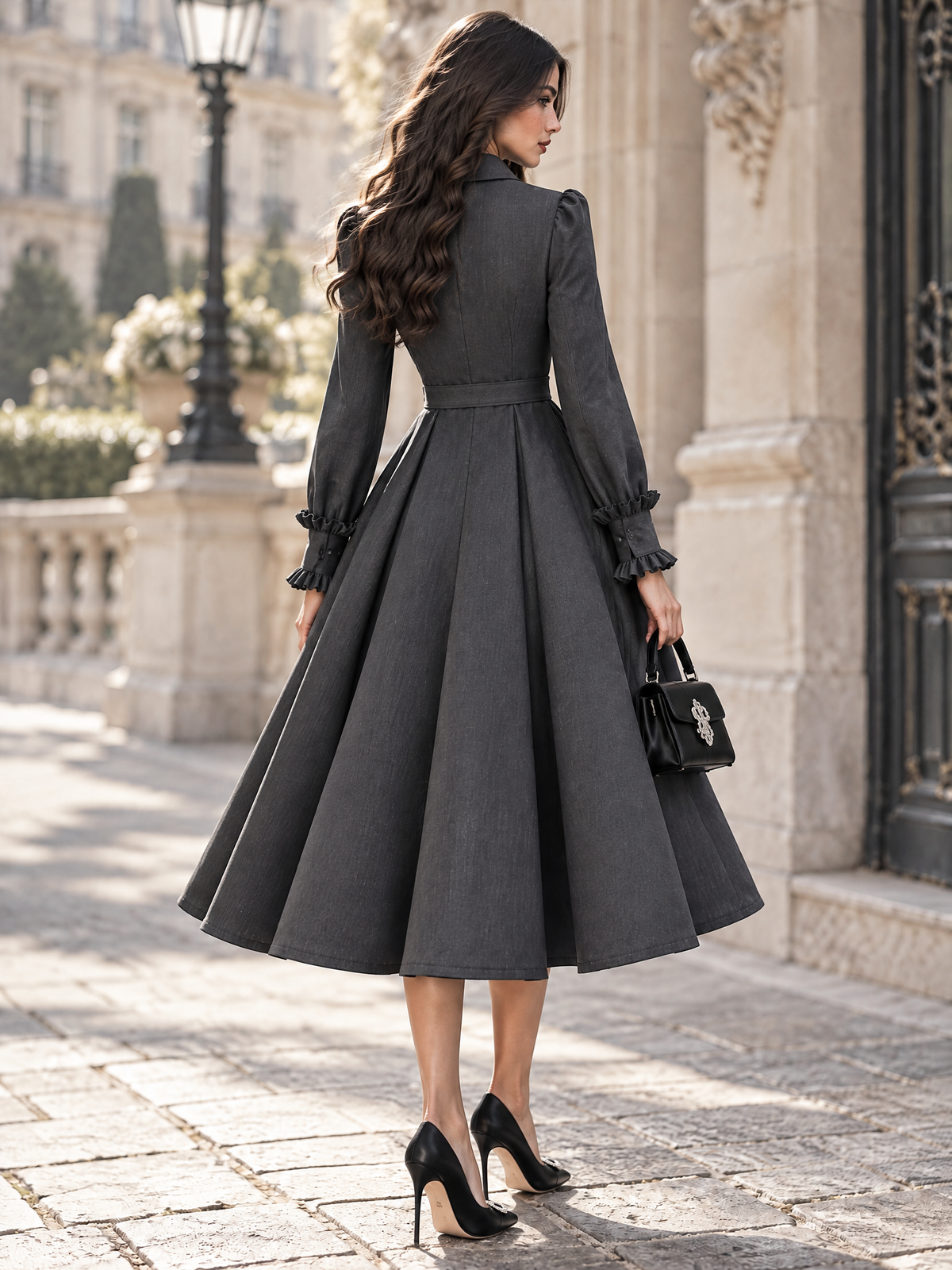 Vintage Ruffled Collar Long Sleeve Belted Midi Dress