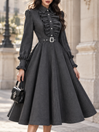 Vintage Ruffled Collar Long Sleeve Belted Midi Dress