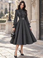 Vintage Ruffled Collar Long Sleeve Belted Midi Dress