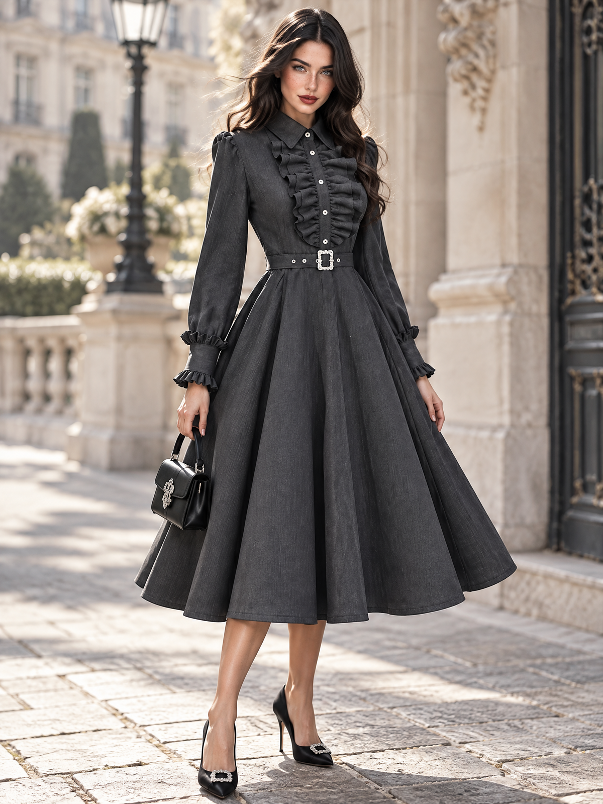 Vintage Ruffled Collar Long Sleeve Belted Midi Dress