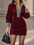 Vintage Suede-Trim Half-Zip Mohair Sweater Dress