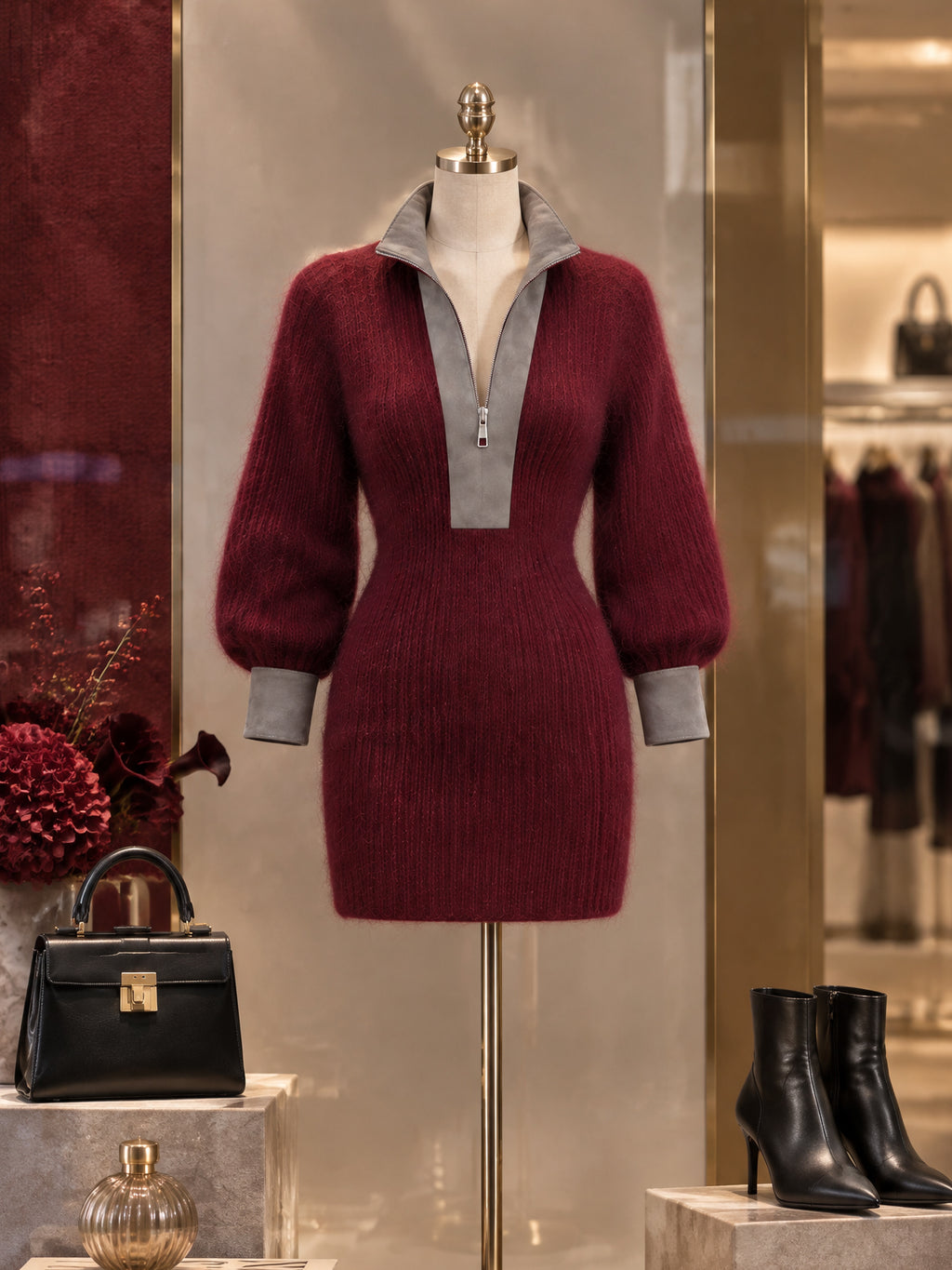Vintage Suede-Trim Half-Zip Mohair Sweater Dress