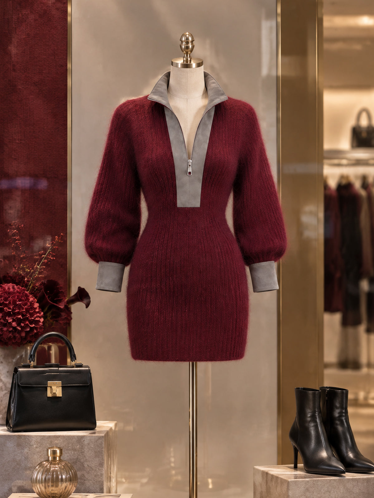 Vintage Suede-Trim Half-Zip Mohair Sweater Dress