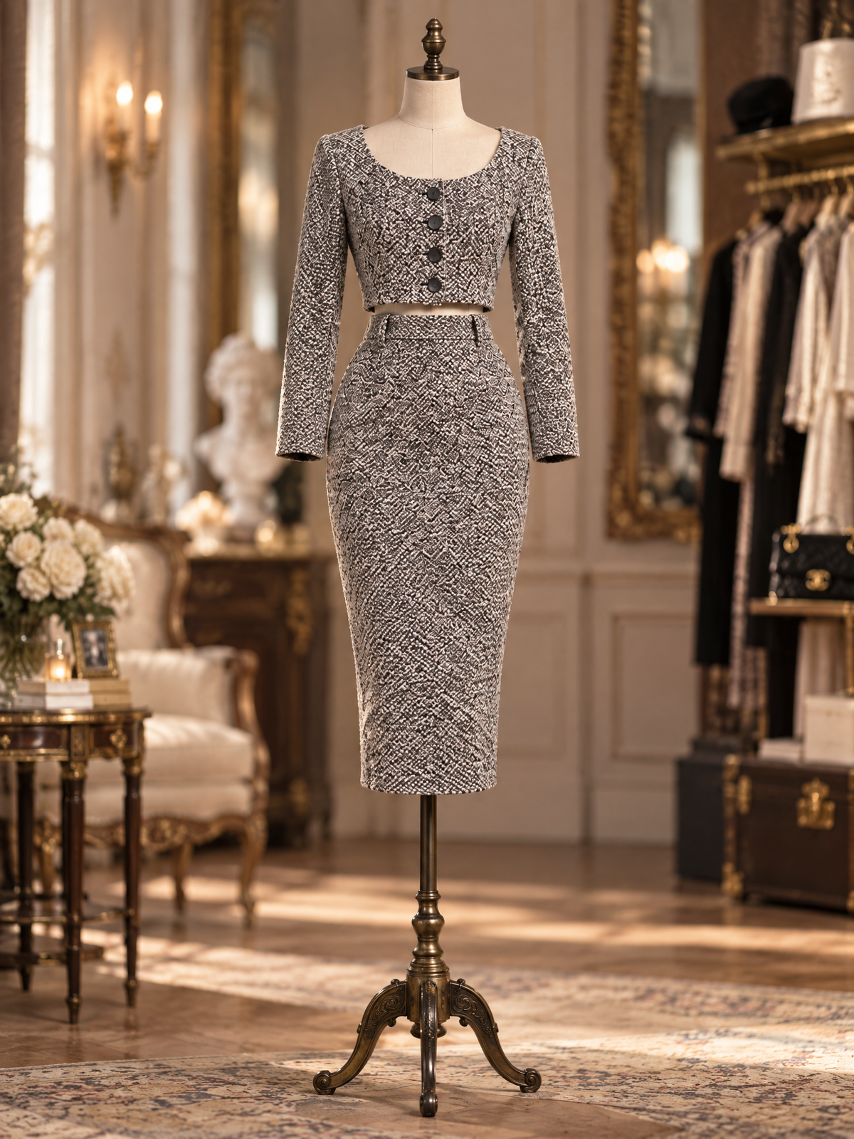 Vintage Wool Blend Tweed Button Front Crop Top & High Waist Skirt Set