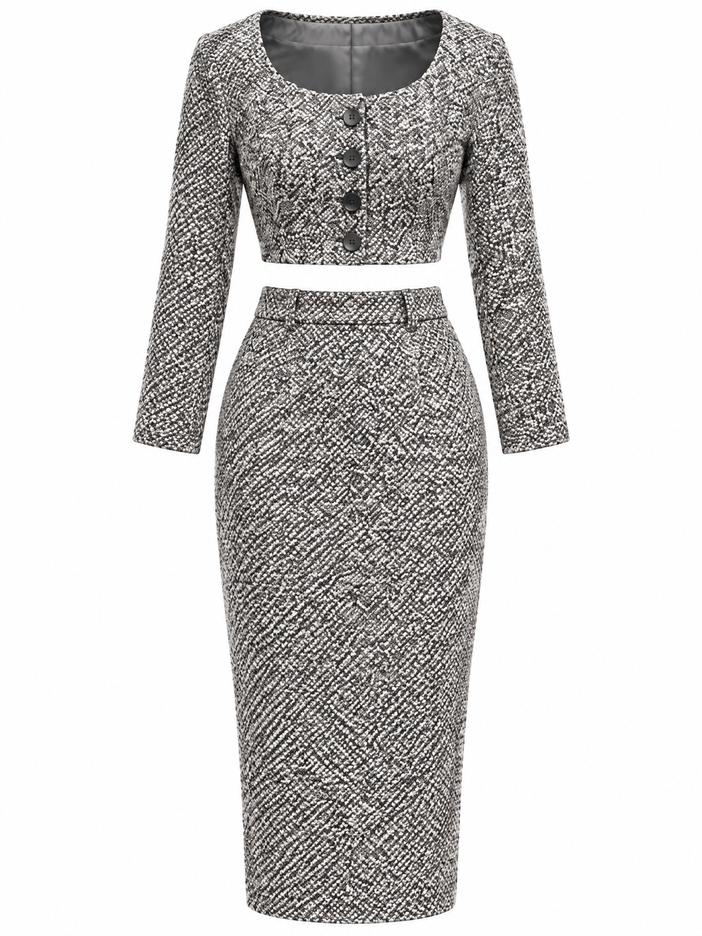 Vintage Wool Blend Tweed Button Front Crop Top & High Waist Skirt Set