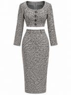Vintage Wool Blend Tweed Button Front Crop Top & High Waist Skirt Set