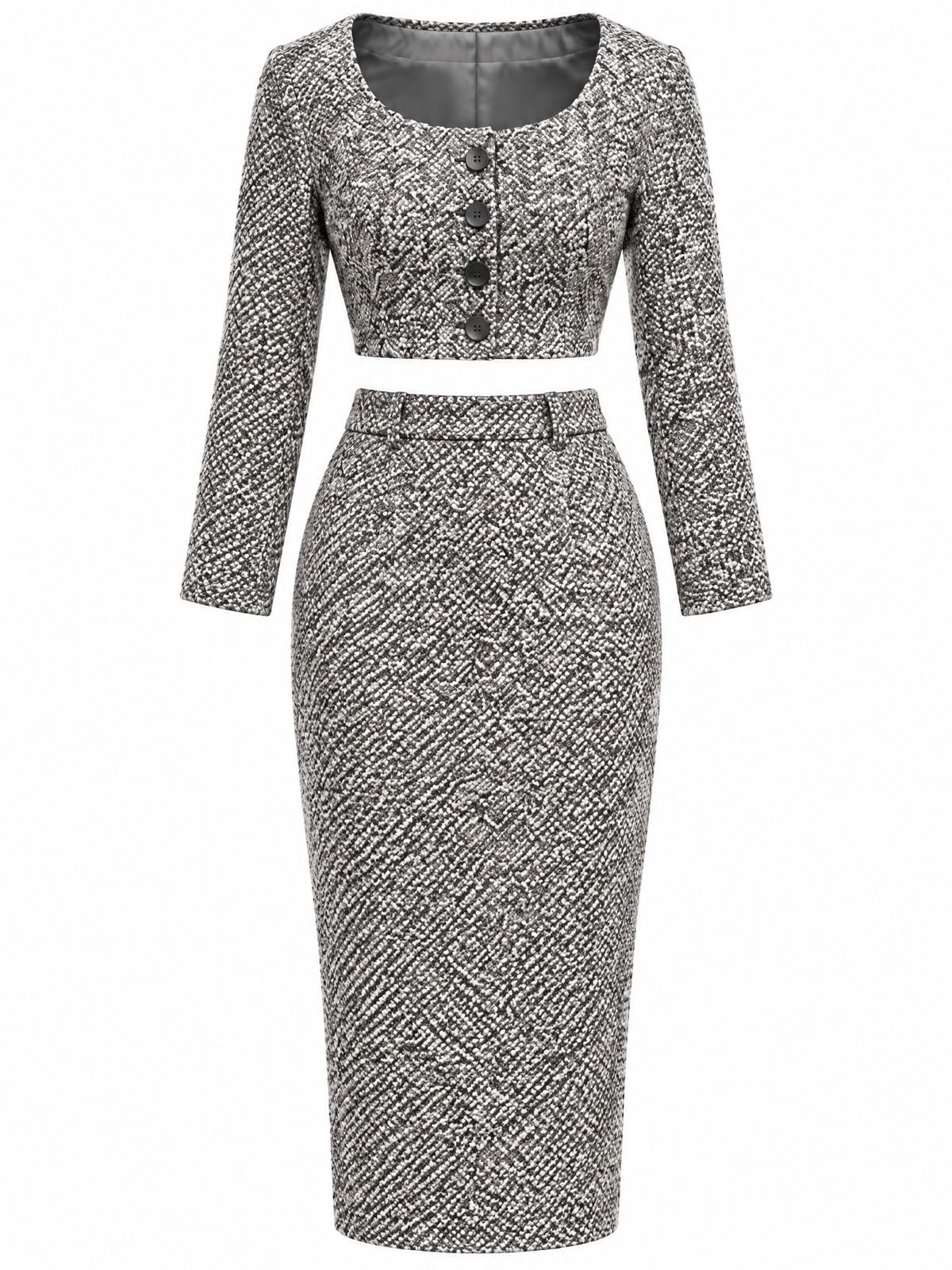 Vintage Wool Blend Tweed Button Front Crop Top & High Waist Skirt Set
