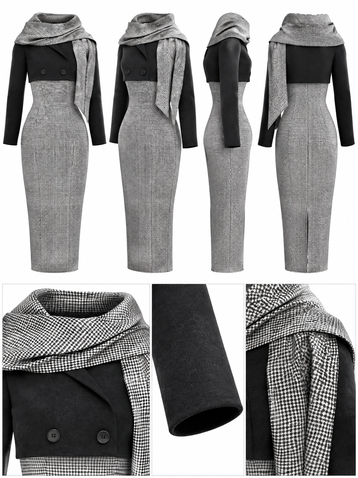 Vintage Elegant Faux Two-Piece With Matching Scarf Pencil Midi Dress