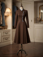 Vintage Wool Contrast Collar High Waist Pleated Flared Midi Dress