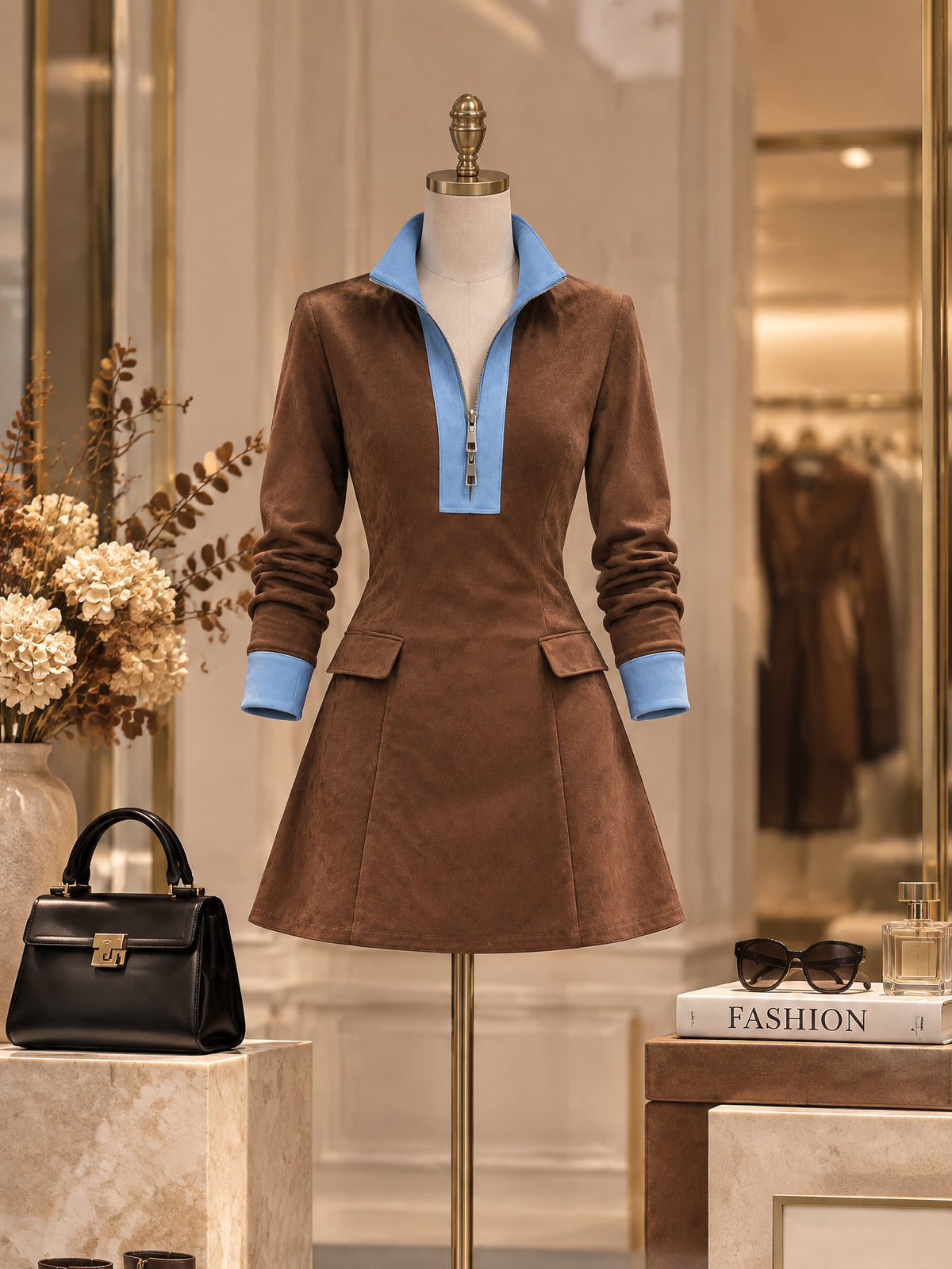 Vintage Contrast Half-Zip Faux Suede Flared Mini Dress
