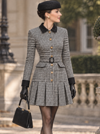 Vintage Houndstooth Contrast Collar Belted Long Sleeve Mini Dress