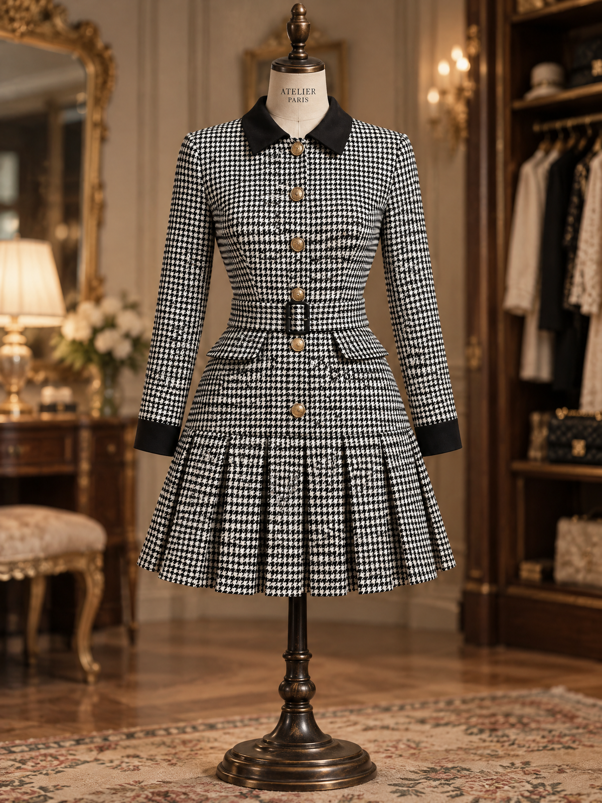 Vintage Houndstooth Contrast Collar Belted Long Sleeve Mini Dress