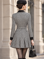 Vintage Houndstooth Contrast Collar Belted Long Sleeve Mini Dress