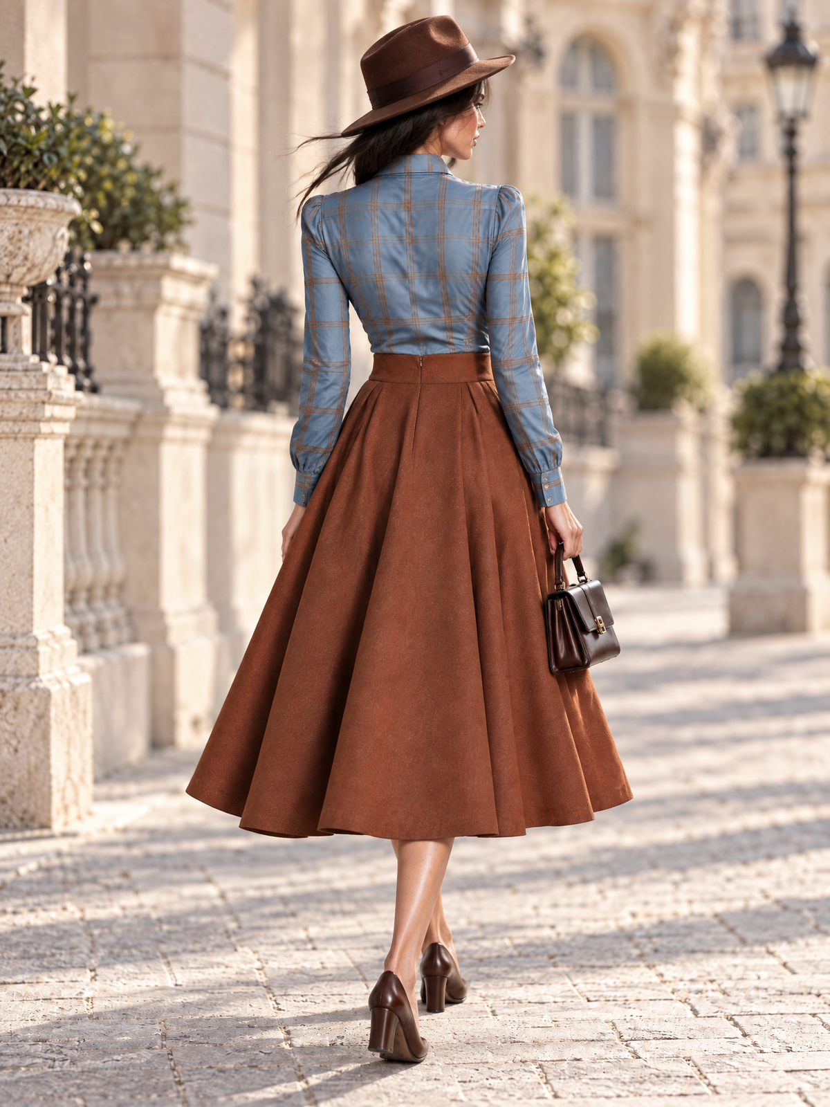 Vintage Collared Check Wrap Blouse & Full Flared Midi Skirt Set