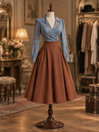 Vintage Collared Check Wrap Blouse & Full Flared Midi Skirt Set