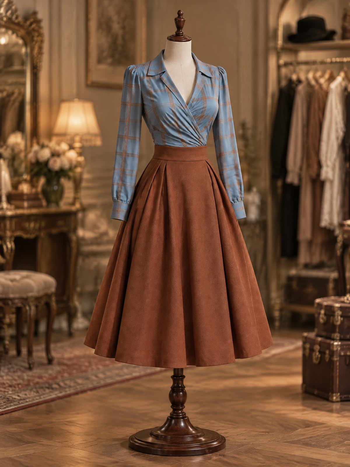 Vintage Collared Check Wrap Blouse & Full Flared Midi Skirt Set