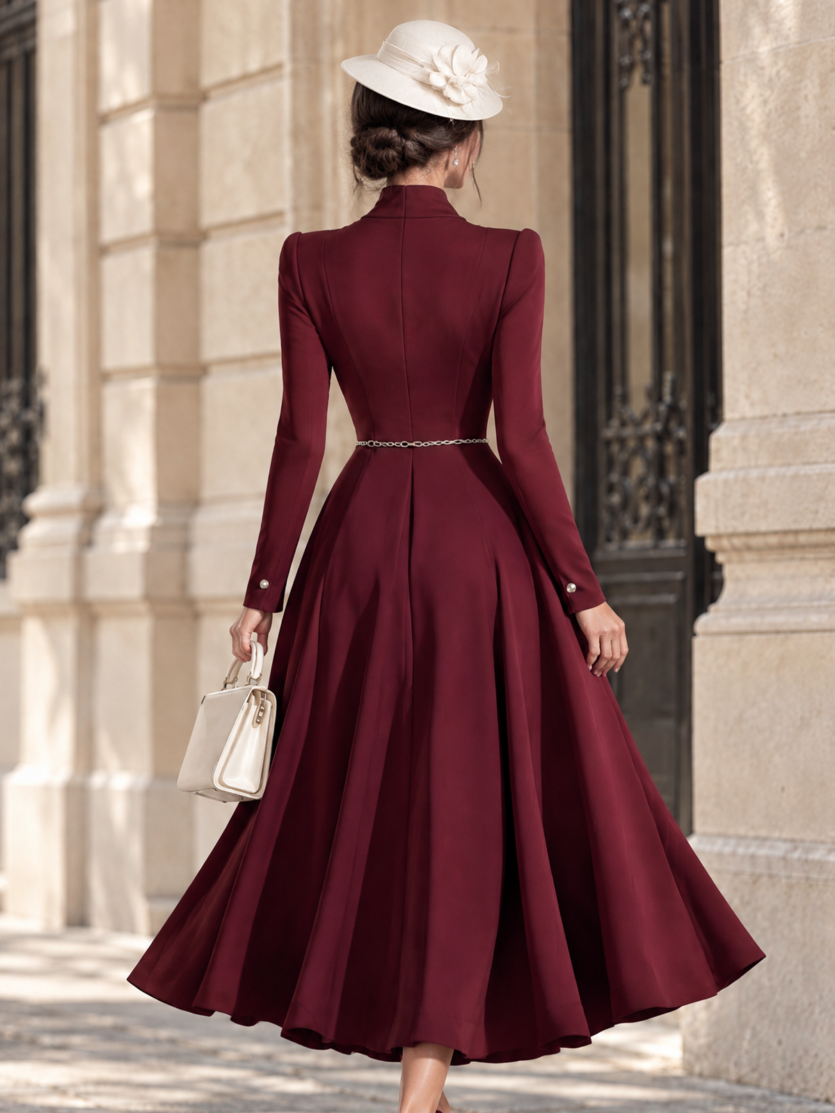 Vintage Elegant Cowl Neck Belted Flared Midi Dress