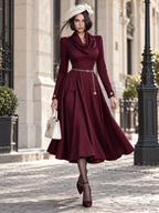 Vintage Elegant Cowl Neck Belted Flared Midi Dress
