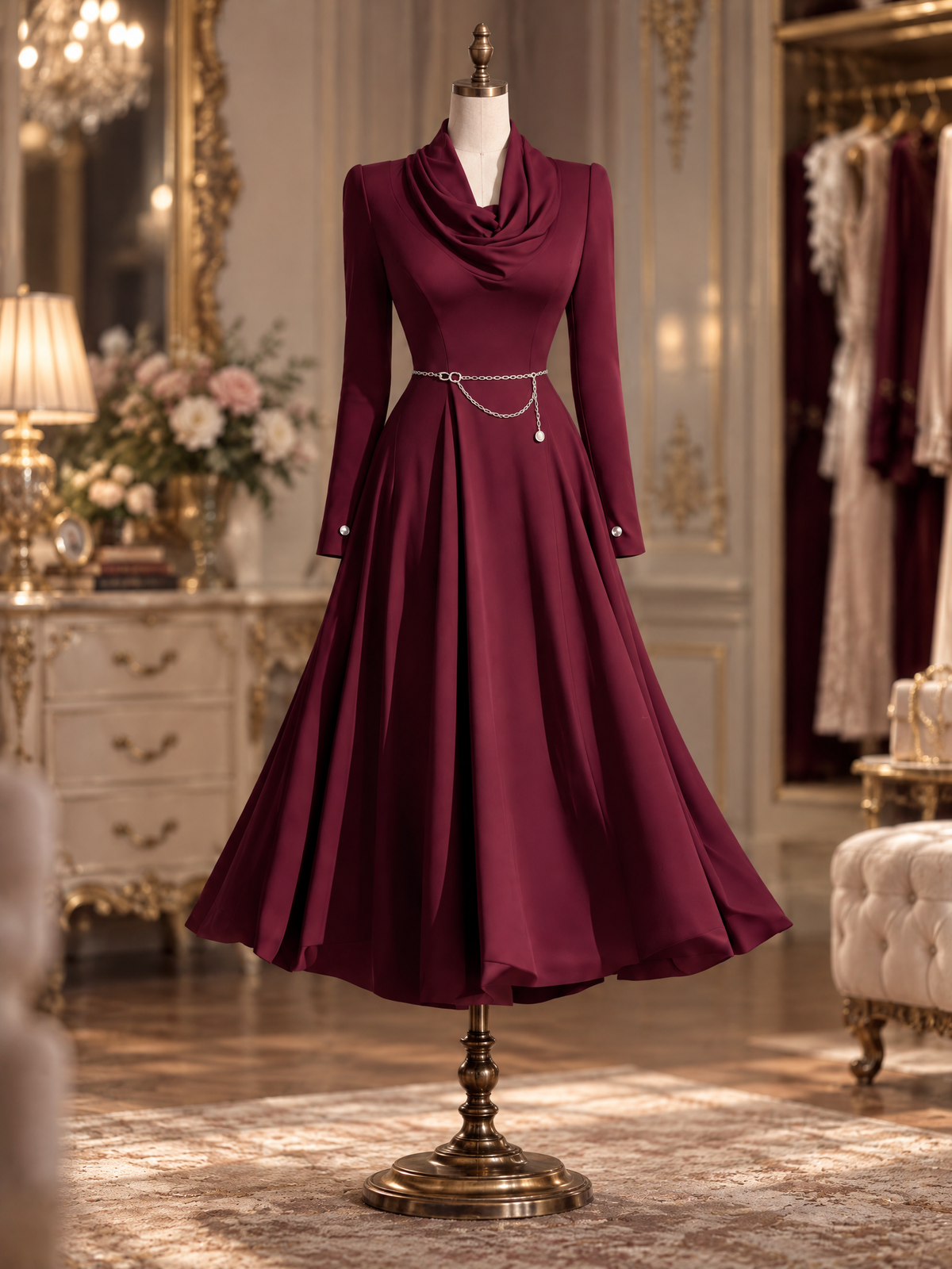 Vintage Elegant Cowl Neck Belted Flared Midi Dress