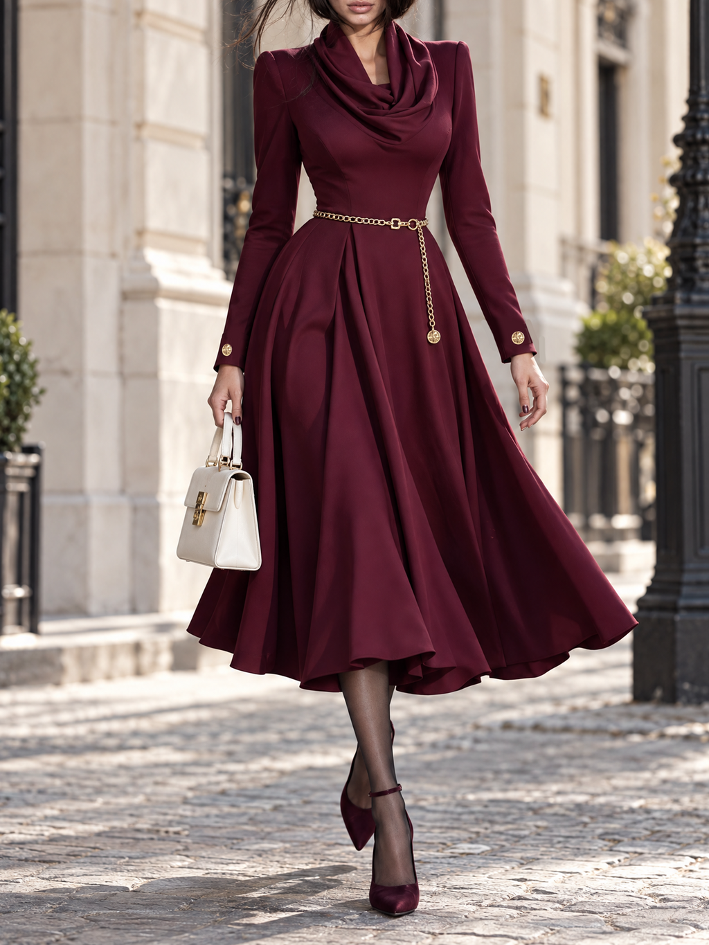 Vintage Elegant Cowl Neck Belted Flared Midi Dress