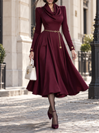 Vintage Elegant Cowl Neck Belted Flared Midi Dress