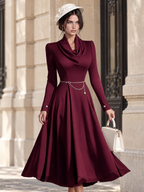 Vintage Elegant Cowl Neck Belted Flared Midi Dress
