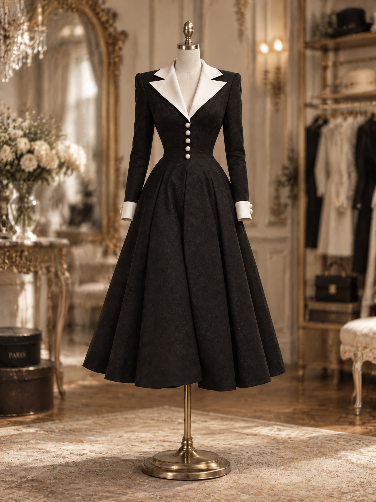 Vintage Contrast Cuff Tailored Fit Long Sleeve A-Line Midi Dress