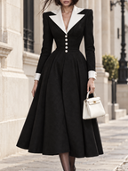 Vintage Contrast Cuff Tailored Fit Long Sleeve A-Line Midi Dress