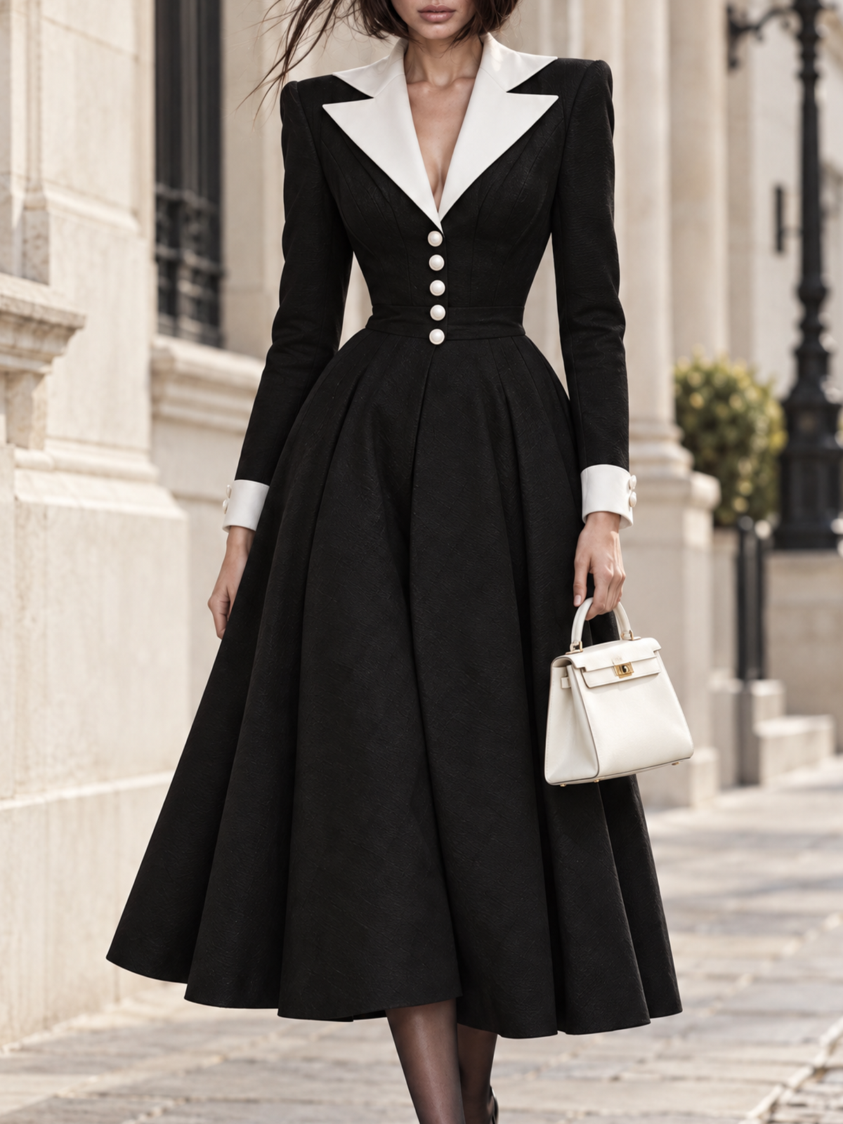 Vintage Contrast Cuff Tailored Fit Long Sleeve A-Line Midi Dress