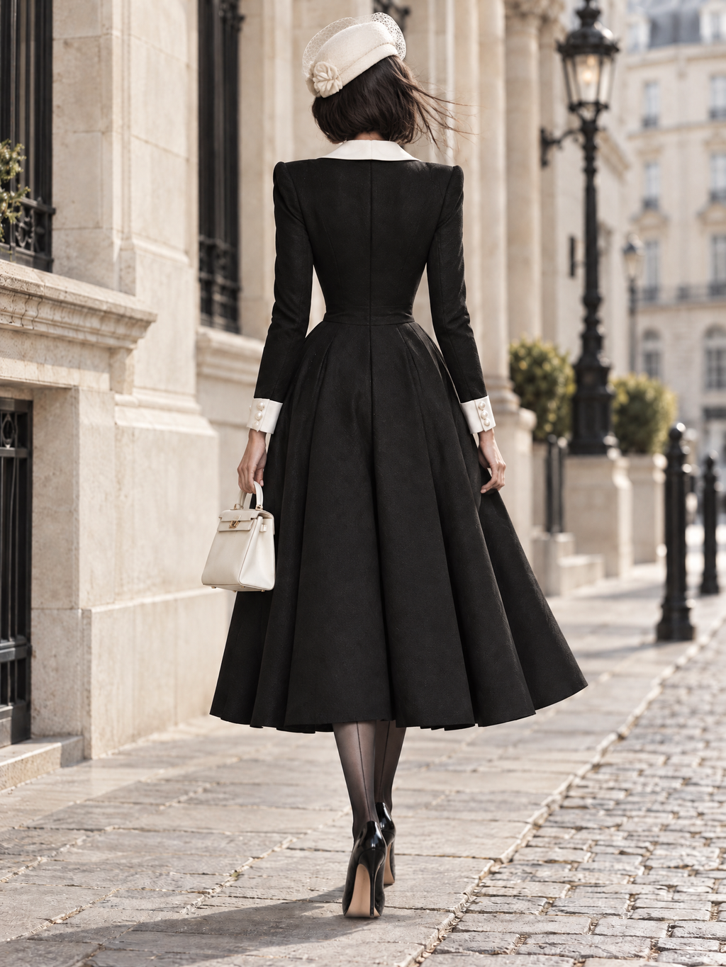 Vintage Contrast Cuff Tailored Fit Long Sleeve A-Line Midi Dress