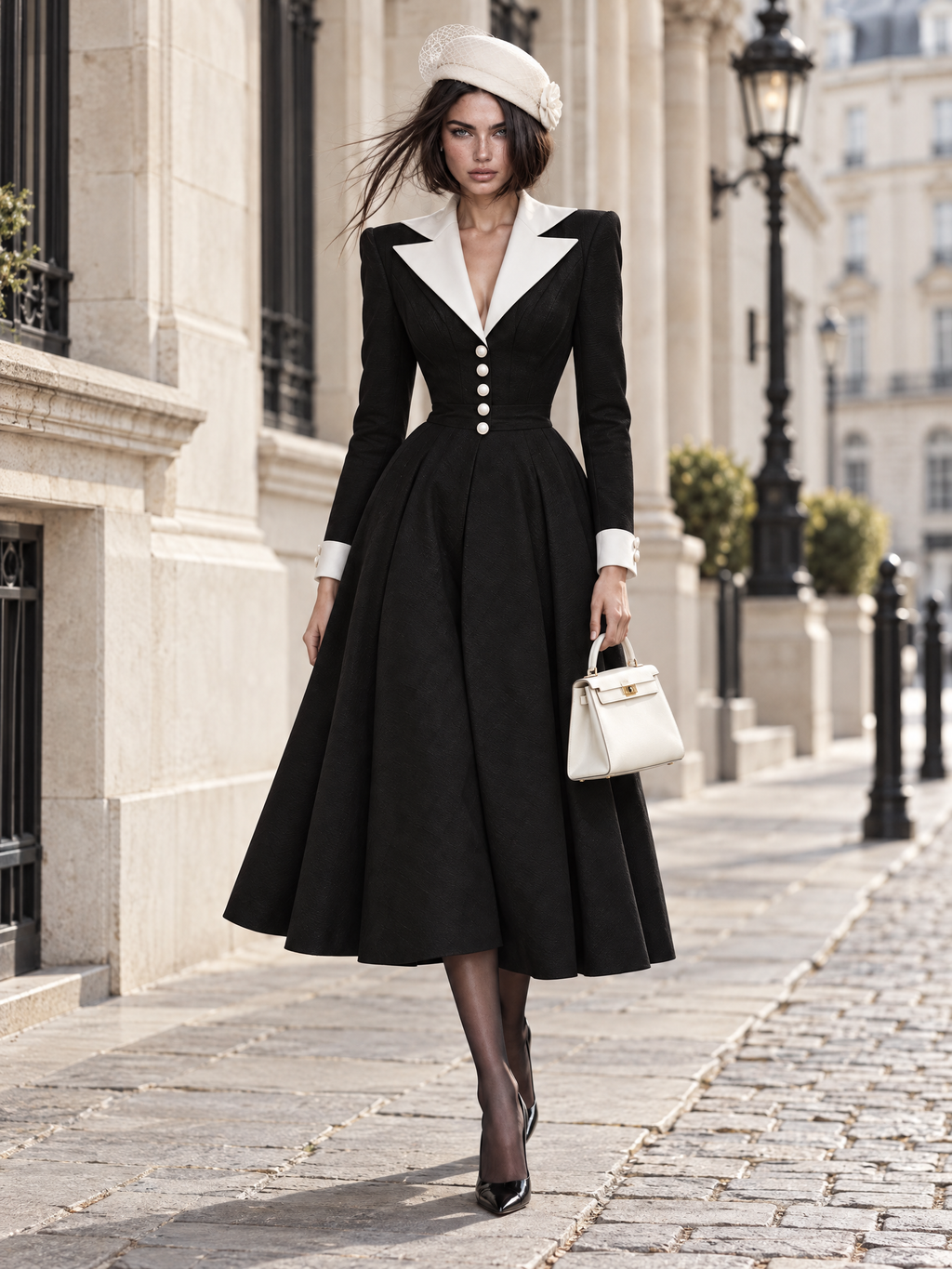 Vintage Contrast Cuff Tailored Fit Long Sleeve A-Line Midi Dress