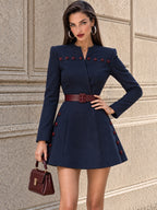 Vintage Contrast-Button Belted Military Mini Dress