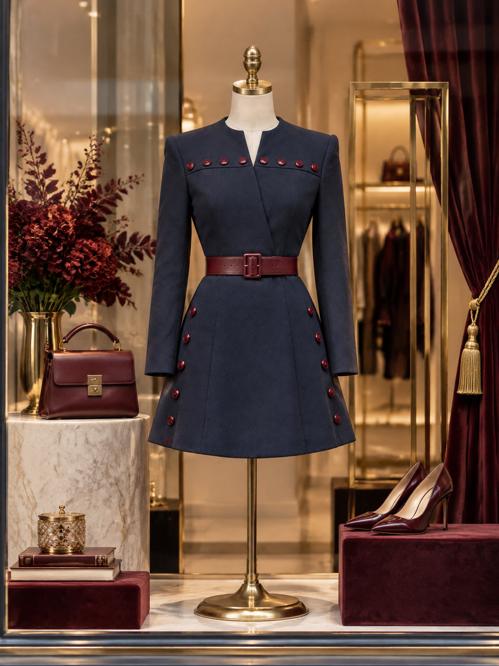 Vintage Contrast-Button Belted Military Mini Dress
