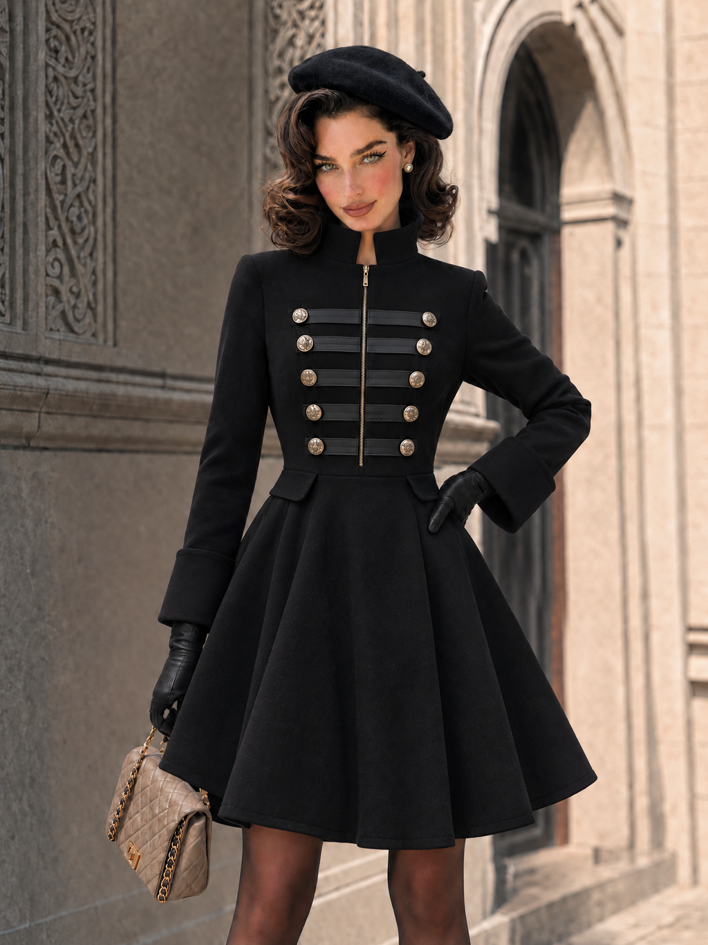 Vintage Double-Breasted Zipper Wool Blend Mini Dress