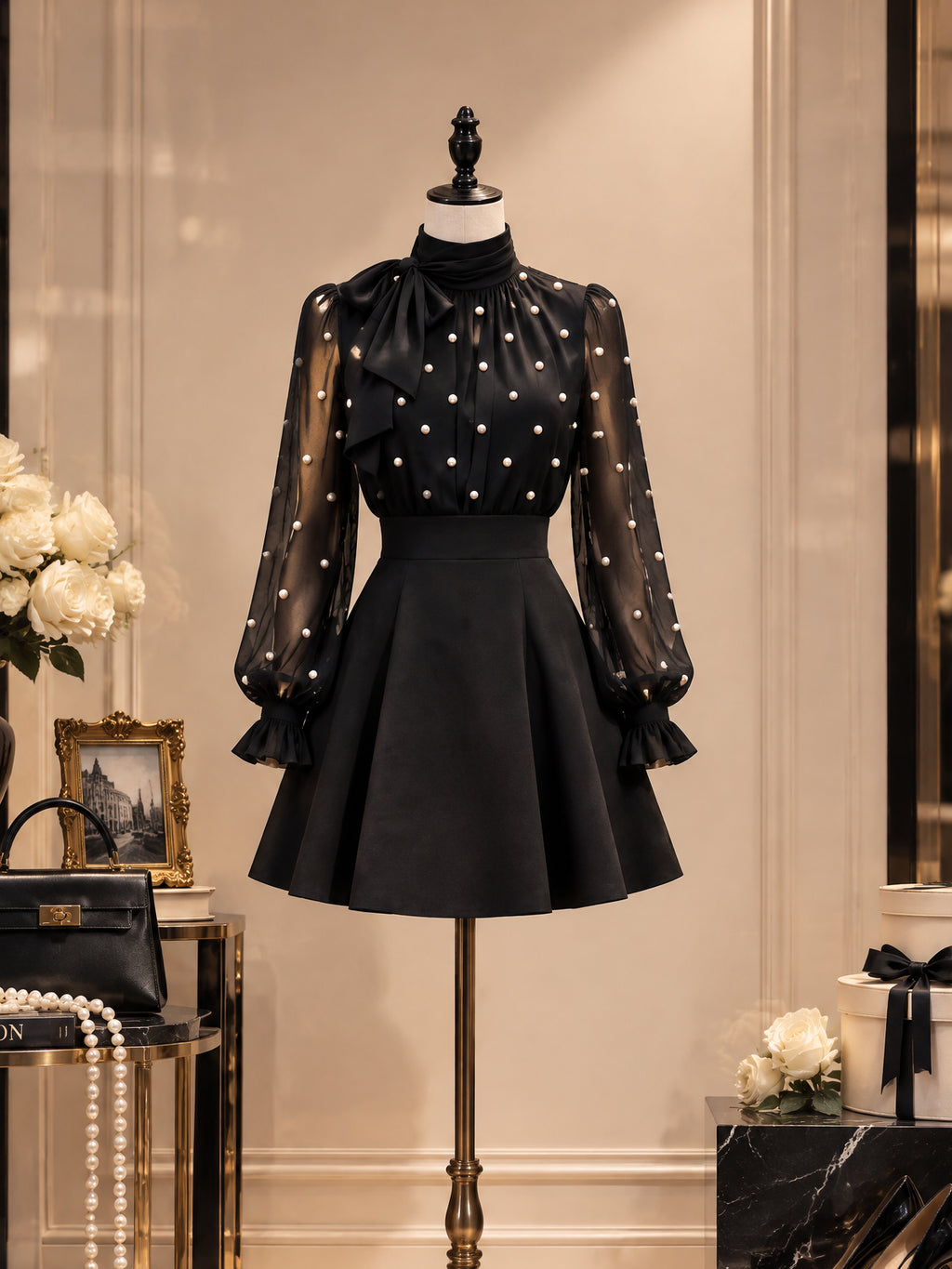 Vintage Pearl Beaded Shirt And Skirt Set