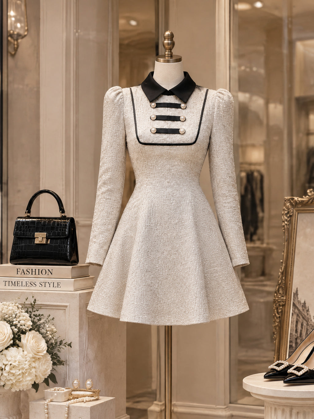 Vintage Black-Collar Pearl-Button Tweed Mini Dress