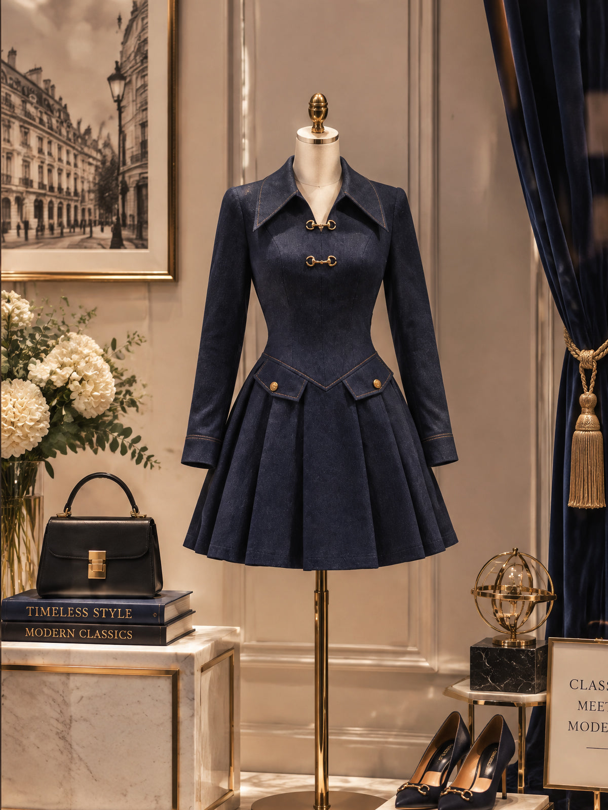 Vintage Horsebit Pointed-Collar Pleated Denim Mini Dress