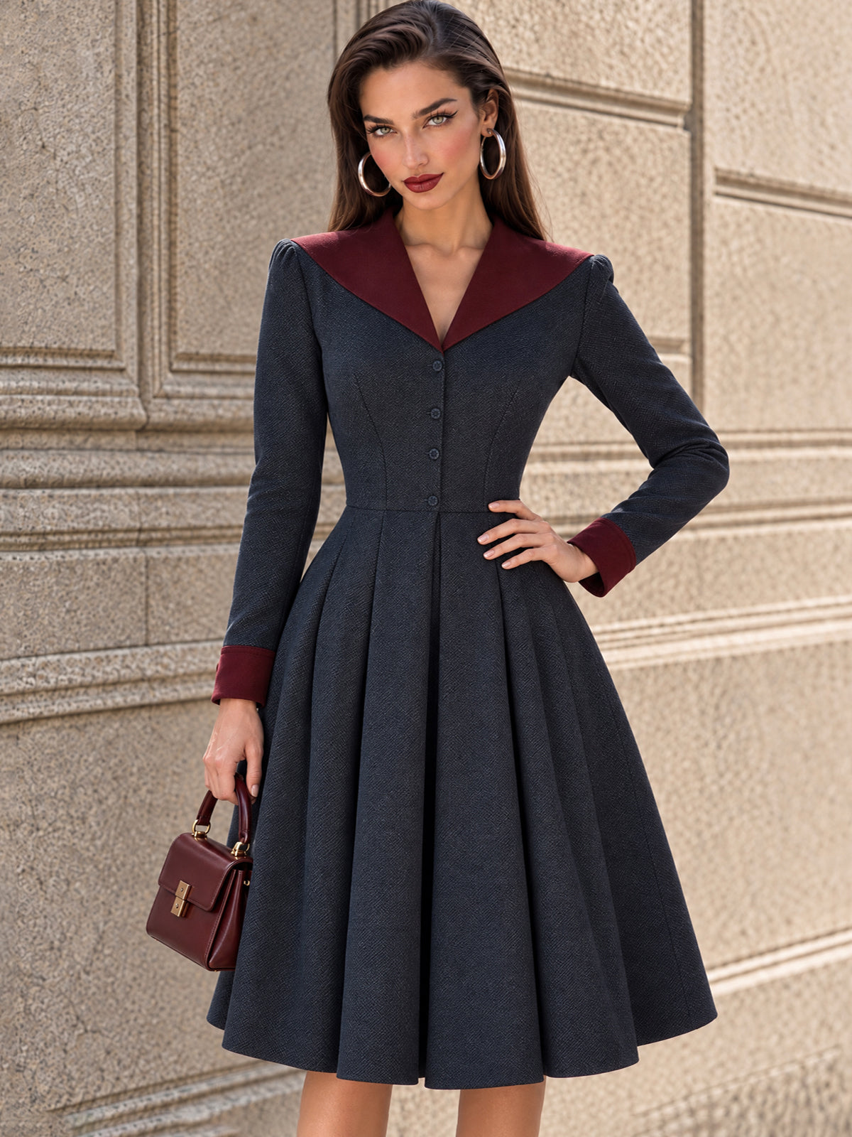 Vintage Contrast-Lapel Pleated Herringbone Midi Dress