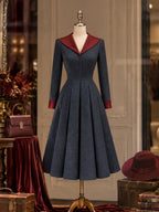 Vintage Contrast-Lapel Pleated Herringbone Midi Dress